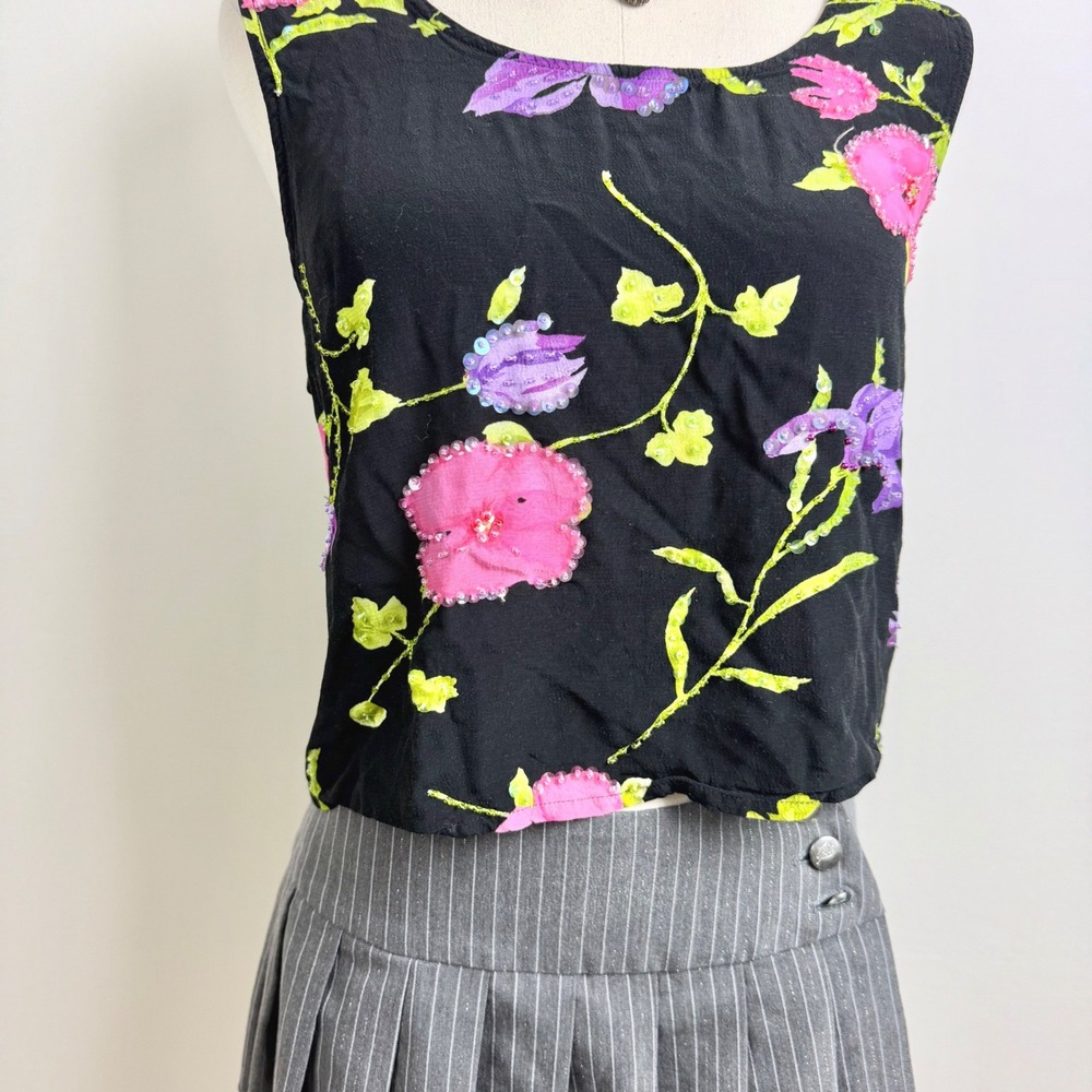 Key Lime Pie Womens M Black Floral Beaded Tank Top Y2K 90s Sleeveless Crop - Picture 4 of 9